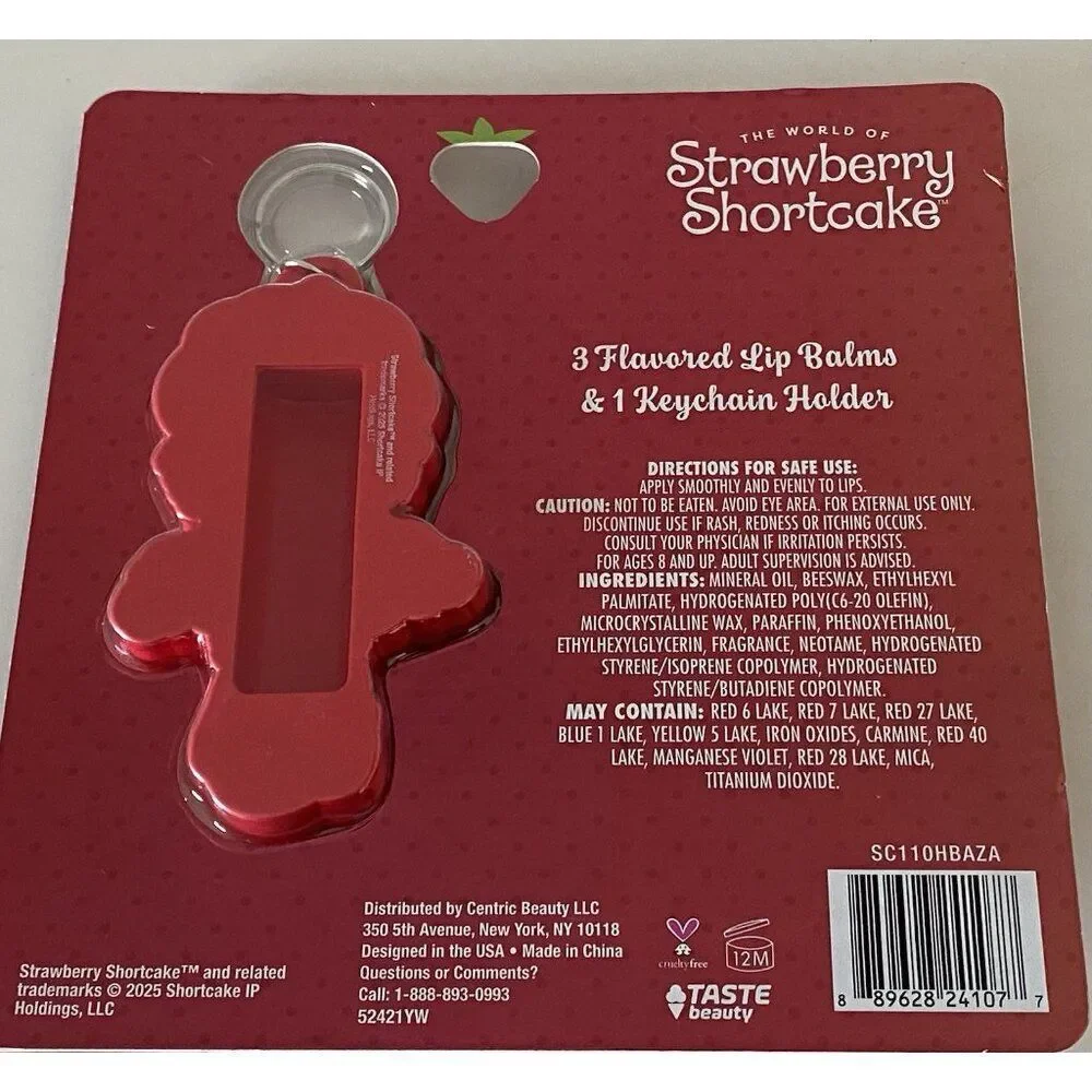 Set‎ Of 3 Strawberry Shortcake Flavored Lip Balms And Keychain Holder NEW